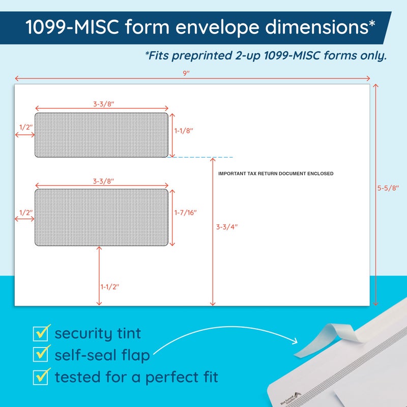 Blue Summit Supplies Blue Summit 50 1099 Envelopes Self Seal, 1099 MISC Envelopes, Double Window Security Envelopes, Designed for Printed 1099-MISC Laser Forms from QuickBooks Desktop, 5 5/8â€™â€™ x 9â€™â€™ - Image 2